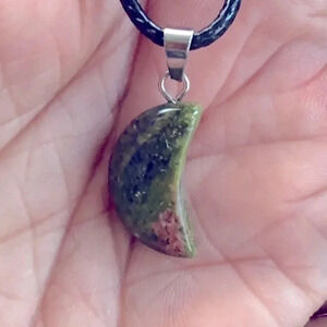Unakite Moon Pendant Leather Necklace NWT